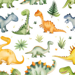 Charming Dinosaur Pattern: Playful Watercolor Dinosaurs and Foliage - Seamless Background for Kids' Decor and Apparel