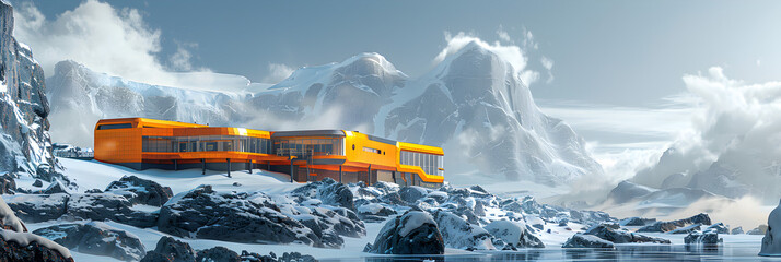 House on snow with white background,
Scientific polar Antarctic station in the Arctic