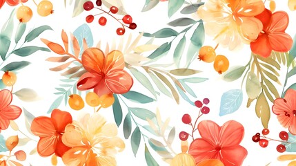 Watercolor Floral Seamless Pattern with Delicate Leaves and Berries. Spring Blossom Design for Greeting Cards, Advertising, Banners, Leaflets and Flyers. Botanical Vector Design. Tropical Summer Conce