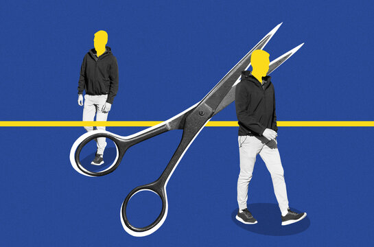 Collage with a walking man and scissors