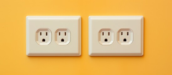 Two white electrical outlets with frames are mounted on a yellow wall, creating a stark contrast. The outlets blend seamlessly with the wall, - obrazy, fototapety, plakaty