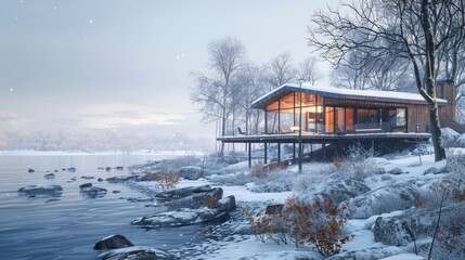 Secluded Modern Cabin Overlooking Snowy Shoreline