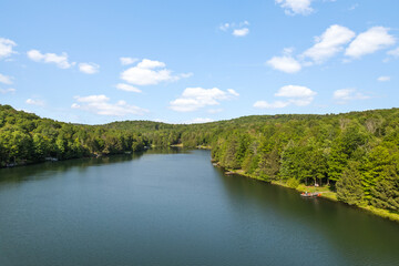 aerial view of a lake, northeastern lake town, summer lake view