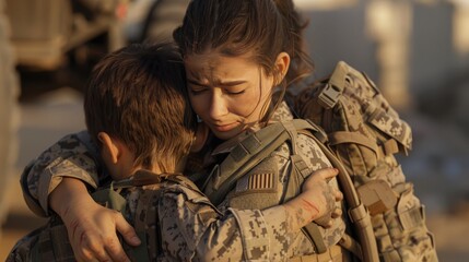 Servicewoman Embracing Her Children On Her Homecoming