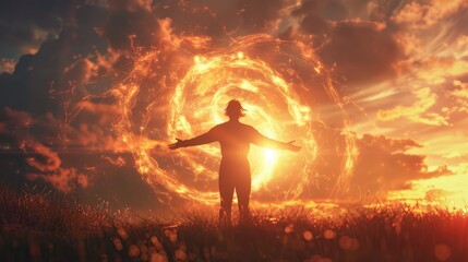 Silhouette Engulfed In Energy Fields At Sunset. The Silhouette Of A Person Stands With Arms Outstretched, Encompassed By Swirling Energy Fields, Against The Backdrop Of Dramatic Sunset