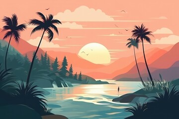 Artistic rendition of a tranquil tropical beach at sunset, with silhouetted palm trees, reflective waters and a soft, warm sky