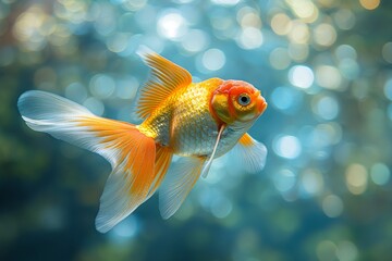 Beautiful goldfish swims in an aquarium