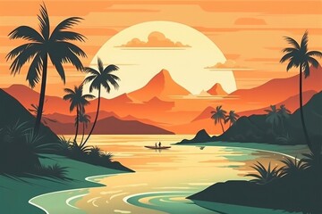Fototapeta na wymiar Lush palms frame a tranquil lagoon as the sun sets, casting a golden glow over an idyllic tropical scene