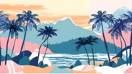 Fototapeta na wymiar Stylish Summer Vacation Seamless pattern. Landscape, Modern Palm trees , Mountain beach and ocean vector hand drawn style ,Design for fashion , fabric, textile, and all prints