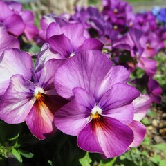 早春にビオラの紫の花が咲いています