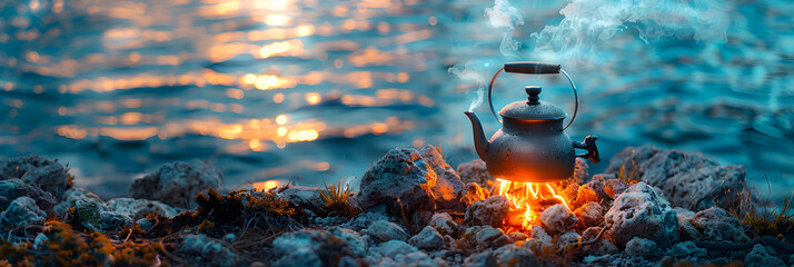  Camping background with kettle brewed on a fire,
Steam rising from a teapot on a campfire - obrazy, fototapety, plakaty