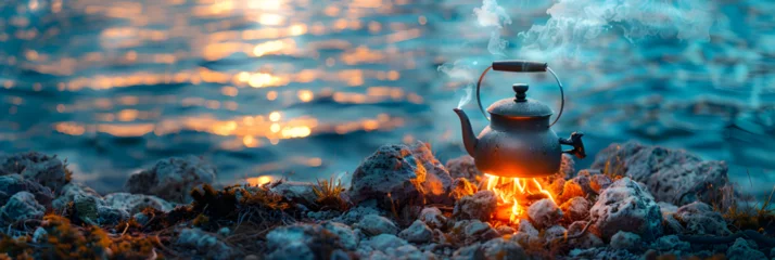 Fotobehang  Camping background with kettle brewed on a fire, Steam rising from a teapot on a campfire © kamal