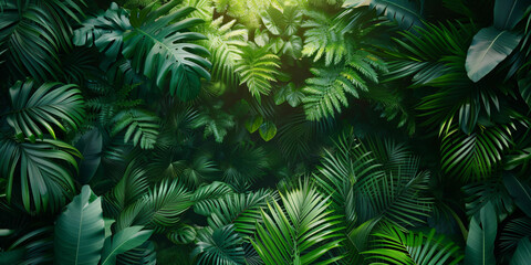 Full of green tropical plants and leaves in nature top view background