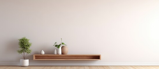 A minimal white room with a wooden shelf holding a potted plant. The room is simple and clean, with a focus on the wooden shelf and green plant bringing life to the space.