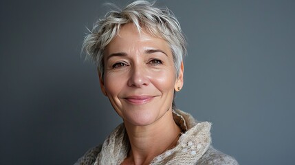 Studio Portrait Of Stylish Middle Age Smiling 50 - 55 Year Old Woman Posing On Grey Background