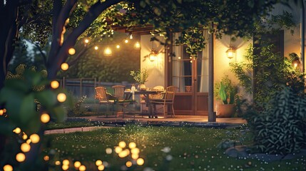 Summer Evening On The Patio Of Beautiful Suburban House With Lights In The Garden