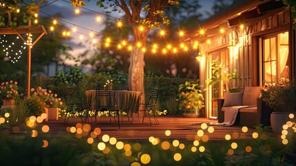 Obraz premium Summer Evening On The Patio Of Beautiful Suburban House With Lights In The Garden Garden, 