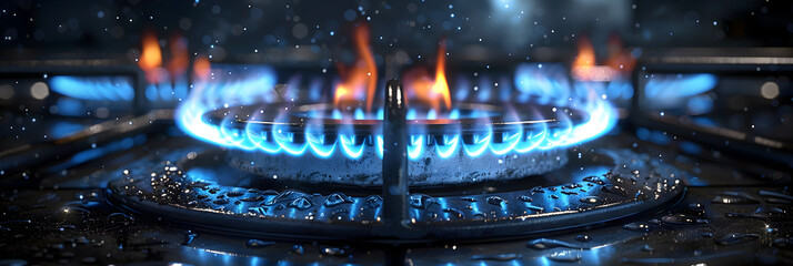 close up of stove 4k image,
Gas stove burner with blue flames