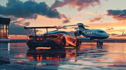 Super Car And Private Jet On Landing Strip. Business Class Service At The Airport. Business Class...