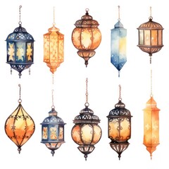 Obraz premium watercolor illustration, a set of colorful lanterns hanging from the ceiling, isolated on white background, clip art