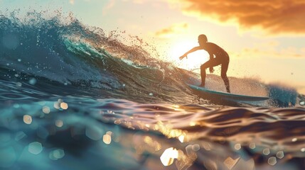 Surfer Practicing Surfing On Wavy Sea With Splashing Water