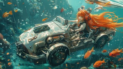Surreal Underwater Car Ride With Orange-Haired Girl And Fish