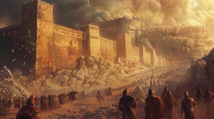 The Battle Of Jericho. The Walls Of Jericho Collapsing As The Israelites March Around Them. Vector Illustration