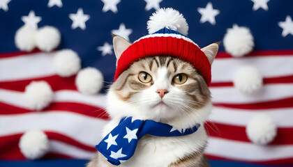 Patriotic Cat against the American Flag Illustration