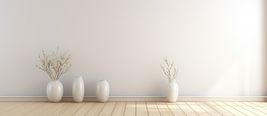 Three white vases are placed on a wooden floor against a white wall in a minimalistic room. The simple yet elegant decor enhances the Nordic interior design.
