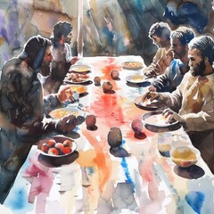 The Last Supper. Jesus. Maundy Holy Thursday. New Testament. Watercolor Biblical Illustration - obrazy, fototapety, plakaty