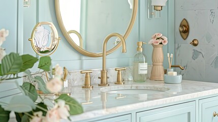 The Soft Pastel Color On This Bathroom Vanity Brings A Touch Of Modern Beach House Interior Design To This Space. House Beautifully It Pairs With The Brass Faucet And Fixtures Home Design Ideas
