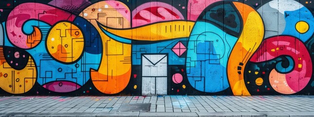 Colorful, whimsical street art mural with swirling abstract patterns and a bright central star, infusing life into the urban sidewalk.