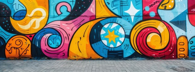 Colorful, whimsical street art mural with swirling abstract patterns and a bright central star, infusing life into the urban sidewalk.