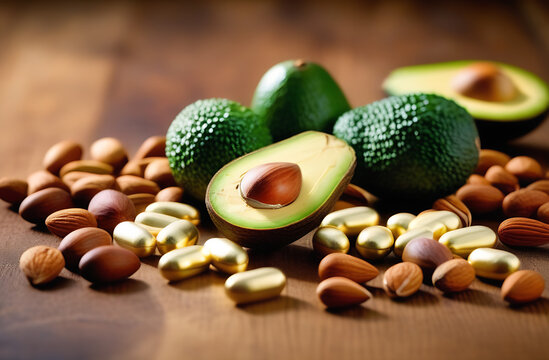A health-focused image showcasing magnesium supplement capsules alongside natural magnesium-rich foods such as sliced avocado, fresh broccoli, and a variety of nuts like almonds and cashews