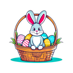 Funny Easter Rabbit in the Basket Isolated on white. Wicker basket of colorful eggs and cute bunny. Happy Easter - illustration for design