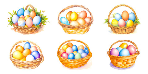 Fototapeta na wymiar Happy Easter. Watercolor Set Of Different Baskets With Colorful Eggs. Easter Collection of Eggs In Wicker Basket, for design, greeting cards, party invitations, decoration