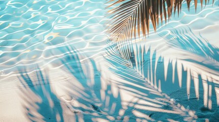 Fototapeta na wymiar Tropical Leaf Shadow On Water Surface. Shadow Of Palm Leaves On White Sand Beach. Beautiful Abstract Background Concept Banner For Summer Vacation At The Beach