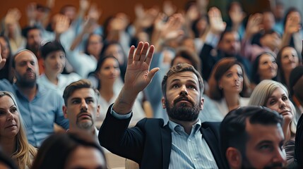 Unrecognizable Businessman Person Of Multi-Ethnic Businesspeople Raising Their Hands During A Presentation Seminar For Asking Question At Their Company