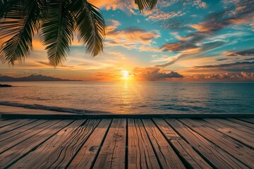 Wooden floor with a beautiful tropical beach sunset background in the style of product display presentation Generative AI