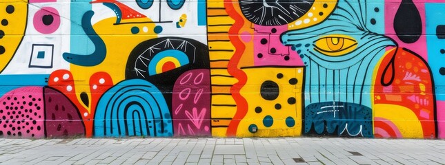 Colorful street art mural on a pavement, featuring abstract patterns and playful designs, showcasing urban creativity.