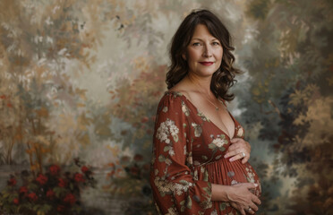 A middle-aged pregnant woman, cradling her belly, stands against a floral backdrop, her floral dress blending harmoniously with the warm autumnal tones.