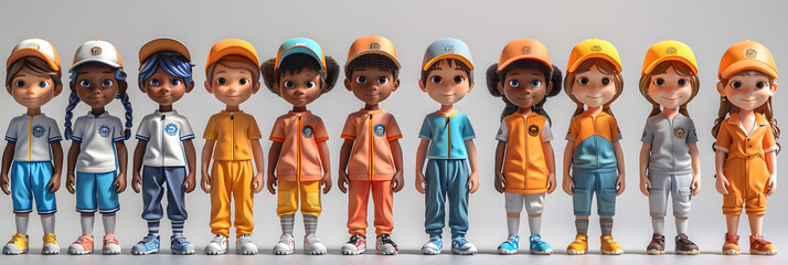 A 3D animated cartoon render of a group of cricket kids standing together. - obrazy, fototapety, plakaty