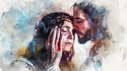 Veronica Wipes The Face Of Jesus. Digital Watercolor Painting - Beautiful Love Concept