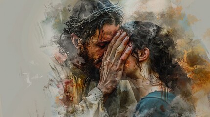 Veronica Wipes The Face Of Jesus. Digital Watercolor Painting - Beautiful Love Concept