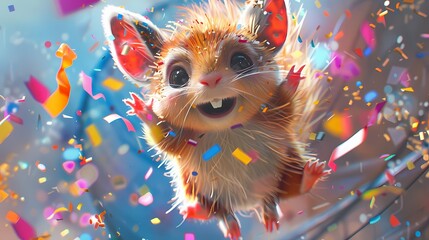 With a delighted squeak, the adorable creature bounces on a trampoline, sending colorful confetti...