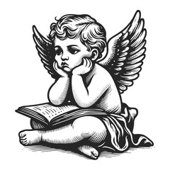 Bored cupid angel baby sketch engraving generative ai fictional character vector illustration. Scratch board imitation. Black and white image.
