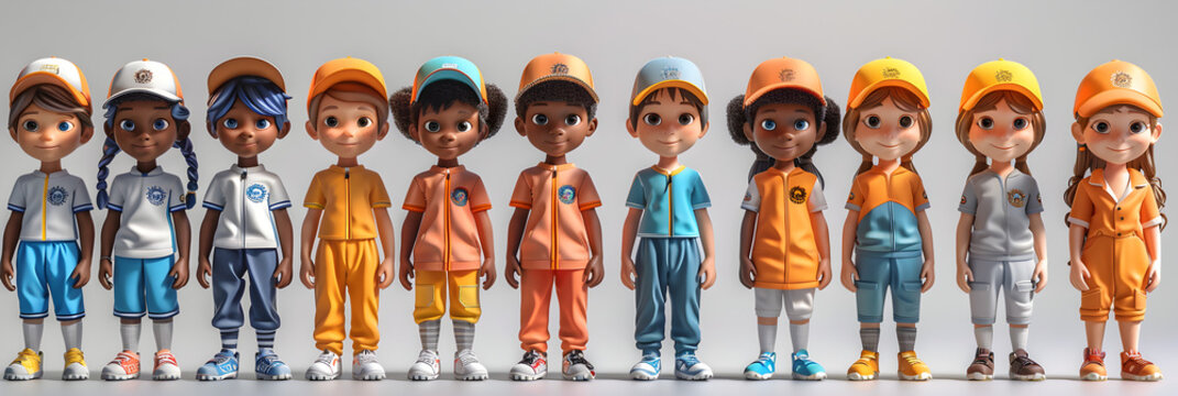 A 3D animated cartoon render of a group of cricket kids standing together.