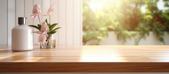 A wooden table is adorned with a vase of colorful flowers and a bottle of lotion, set against a blurred bathroom background design.
