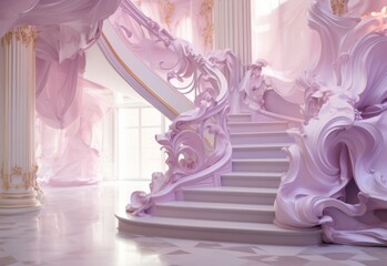 White staircase decorated with pink and purple fabrics. Soft natural lighting, high key.