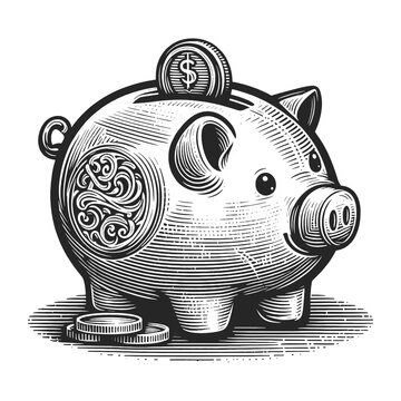 piggy bank with a dollar coin, symbolizing savings and investment sketch engraving generative ai vector illustration. Scratch board imitation. Black and white image.